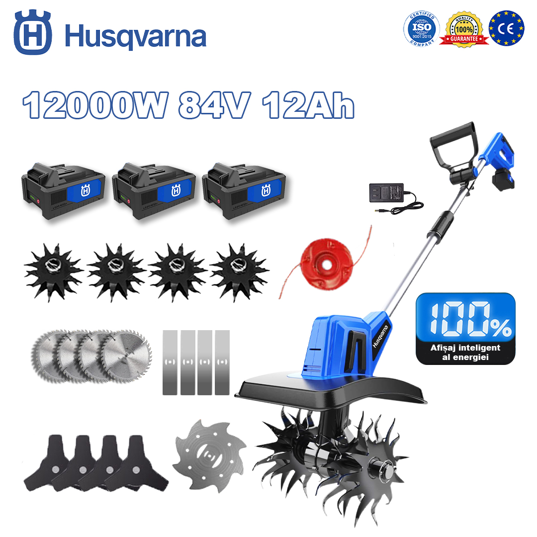 Husqvarna Cultivator 12000W * 1 + baterie 84V 12.0Ah * 3 + încărcător rapid * 1 + cap de arat * 4 + lamă de ferăstrău circular * 4 + lamă de ferăstrău dreaptă * 4 + lamă de ferăstrău din aliaj * 1 + lamă de ferăstrău triunghiulară * 4 + frânghie de tăiere din aliaj * 1 + mănuși * 1 + ochelari de protecție * 1 + cască de protecție * 1 + șurubelniță * 1 + îmbrăcăminte de protecție * 1 + ulei de lubrifiere * 1 + card de garanție 5 ani * 1